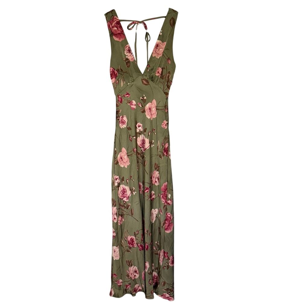 Thirty Thirty LA Green Floral Satin Maxi Dress XS Empire Waist Slip Column EUC